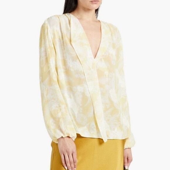 Vince Wheat Pastel Yellow Floral Print Jacquard Long Sleeve Blouse Size L NWT - Picture 1 of 8
